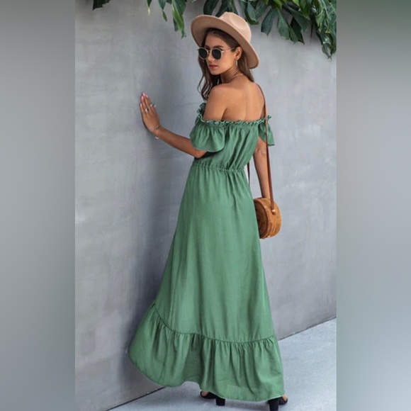 ANNA-KACI Frilled Ruffle Off The Shoulder Sage Green Maxi Dress. Sz: Medium - Picture 15 of 16
